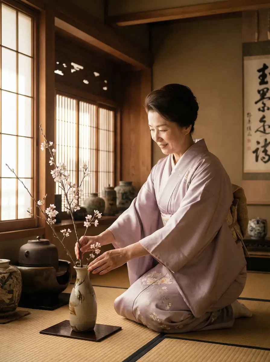 一位优雅的 500彩票app 在和室中插花